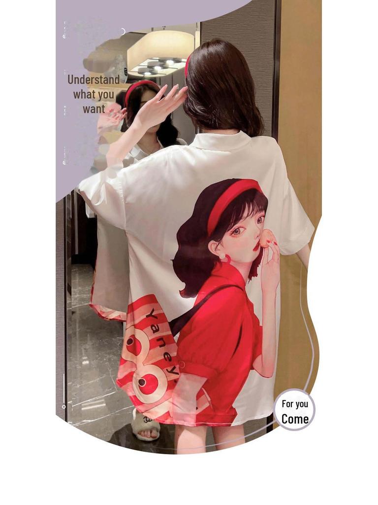 Japanese Ice Silk Red Print Nightdress - Sexy, Lightweight, Summer-Ready Pajamas for Women