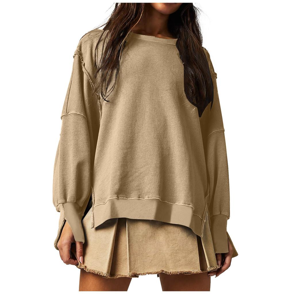 Sweatshirts For Women Oversized Long Sleeve Drop Shoulder Casual CrewNeck Split Hem Pullover Sweatshirts Tops
