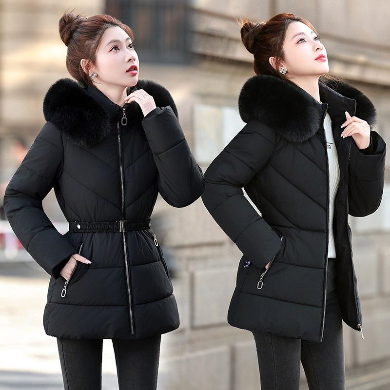 Winter thickened slim-fitting cotton-padded clothes New fashion fur collar polyester cotton-padded jacket Women's cotton-padded clothes Warm black