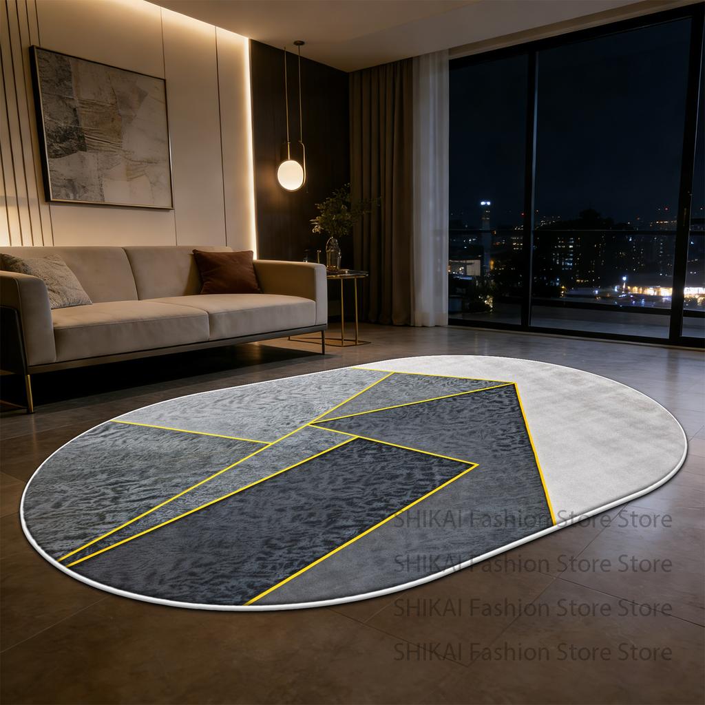 Grey Modern Geometric Style Oval Fluffy Carpet Decoration Living Room Easy Clean Soft Rug Large Area Non-slip Coffee Tables Mats
