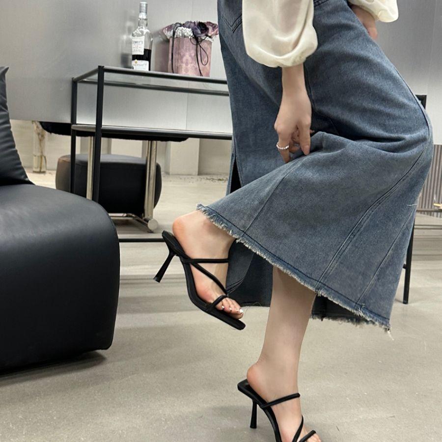 Thin Heel One-word Wear Sandals Fashion Korean Version High Heel 2025 New Summer Square Head Cool Slippers Red
