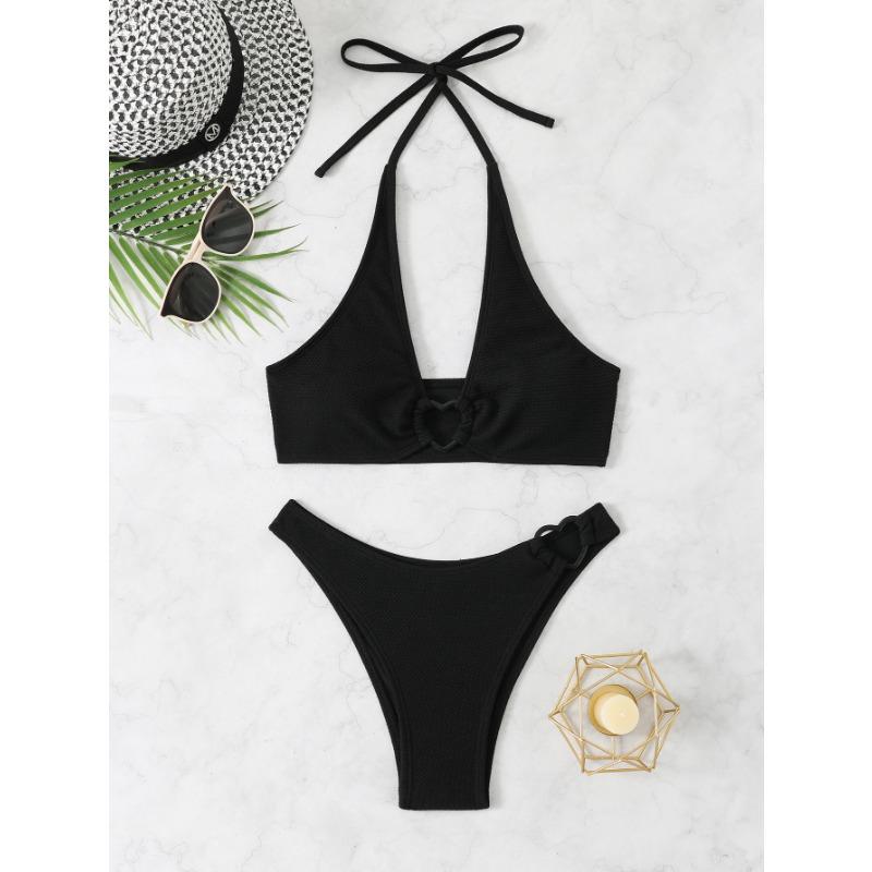Černá bikiny s halter krkem a detaily kroužku ve tvaru srdce Dvoudílné plavky
