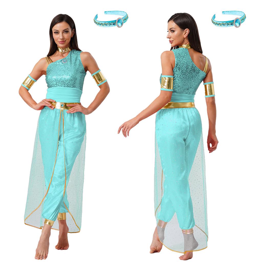 S-XXL Womens Arab Princess Cosplay Belly Dance Jumpsuit with Headwear and Detachable Sleeves Gem Decor Tulle Overlay Rompers Halloween Costume