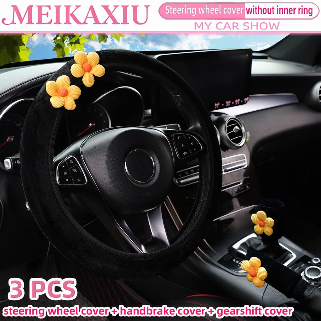 3 Stück Plüsch Blume Auto Felge Lenkradbezug randlos für 14-15 Zoll Handbremsabdeckung Schalthebelabdeckung Autozubehör