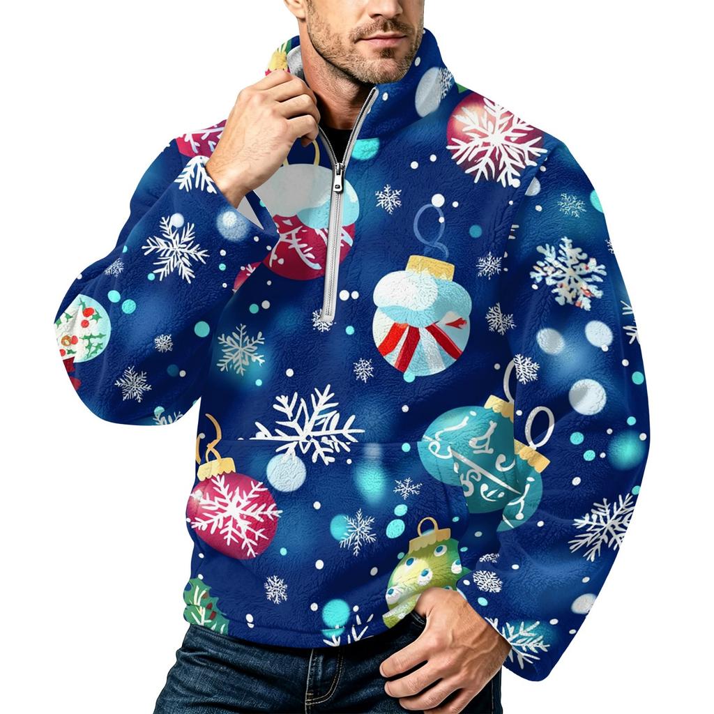 Men's Christmas Print Zip-Up Sweatshirt with Stand Collar, Plus Size Flannel Top for Fall Winter