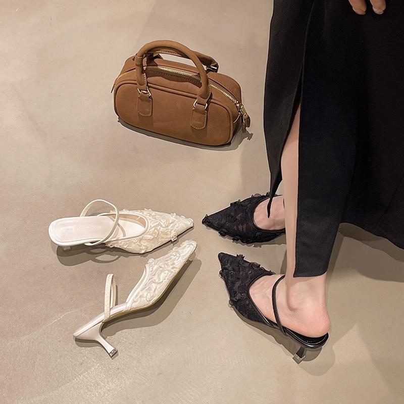 Fashion Brand Designer White Women Pumps Mesh Embroidered Flowers Back Strap Sexy Slingback High Heels Dress Wedding Shoes for Ladies