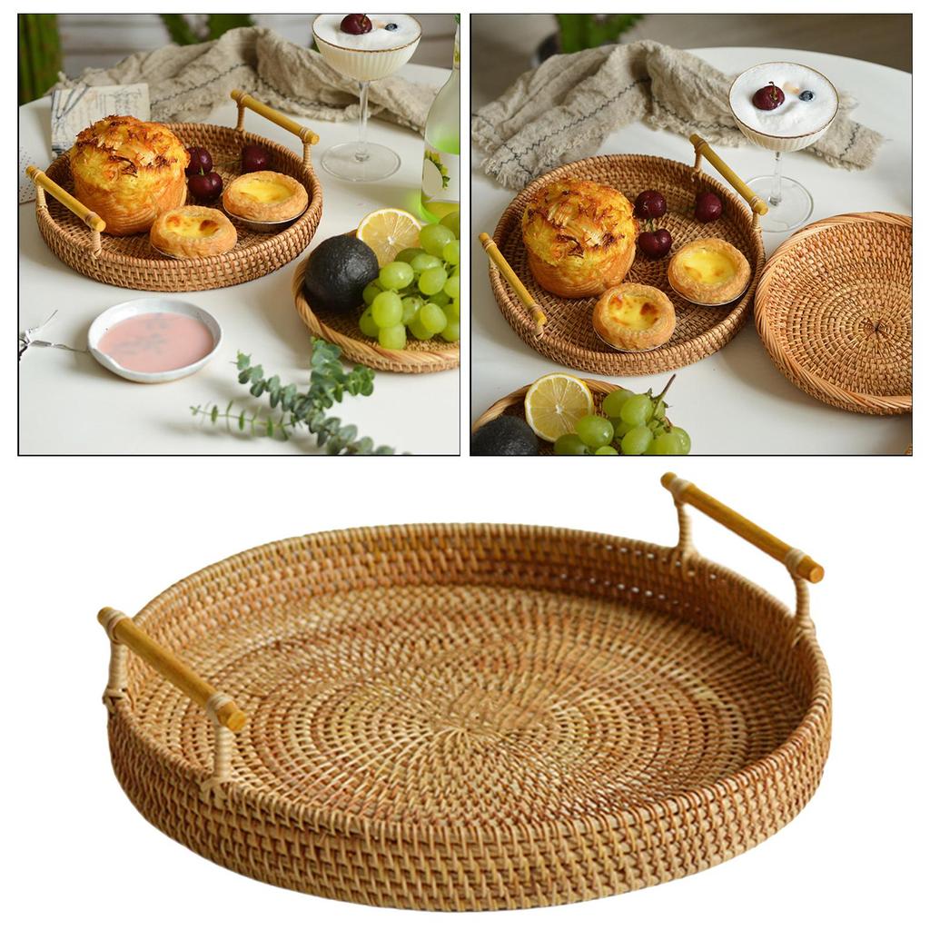Rattan Serving Tray with Handles, - Round Woven Organizer Basket Tray Wicker Home Decorative Tray for Storage Snacks