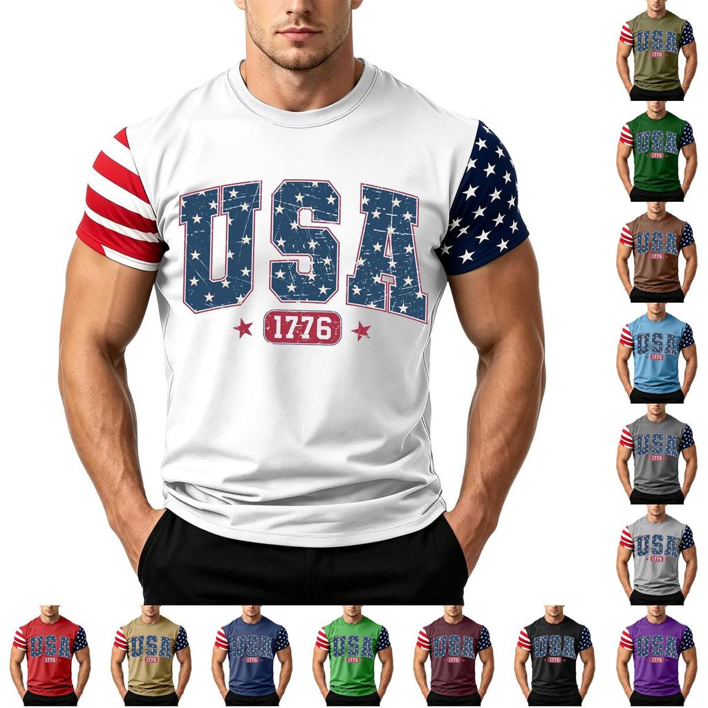 Men's Independence Day Flag Print Short Sleeve T-Shirt, Loose Casual Daily Summer Tops