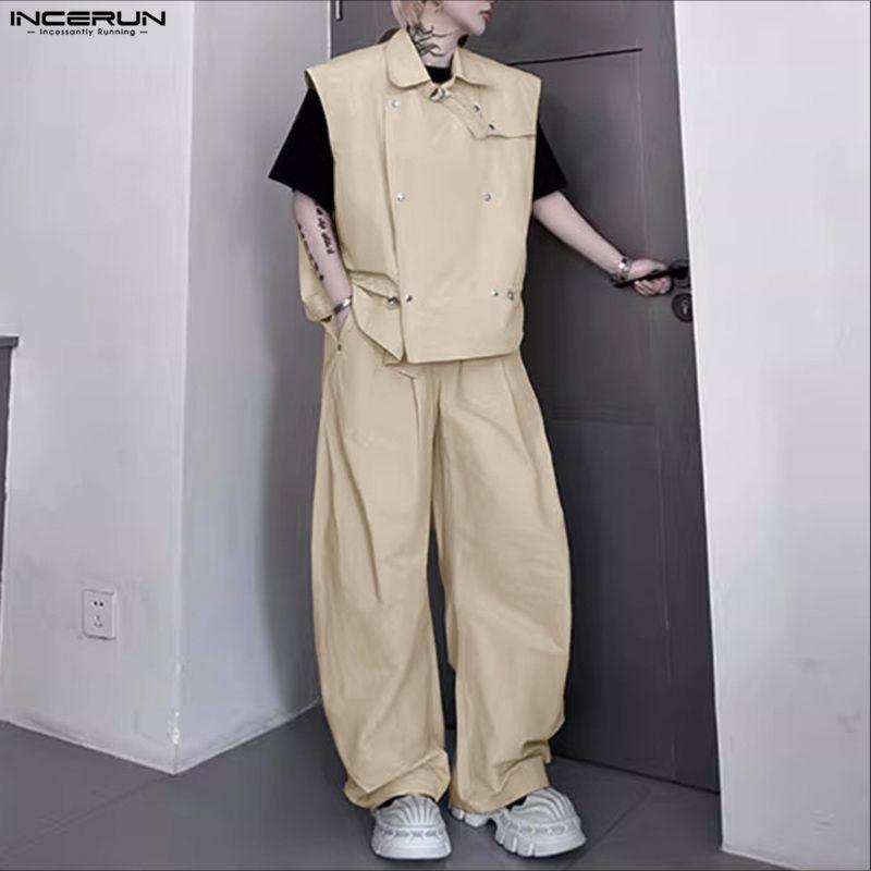 INCERUN Two Pieces Casual Sets Men Sleeveless Waistcoat and Long Cargo Pants Trousers Outfits