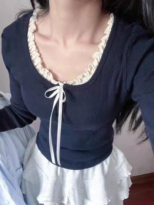 Lace Fake Two Piece Long Sleeved Tops Autumn Winter Elegant Slim V-neck Bottoming T-shirt Women Chic Ruched All Match Casual Pullover