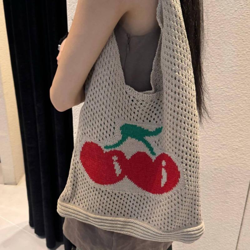 New bag large capacity tote bag cherry bag knitted bag hollow bag shoulder bag woven bag