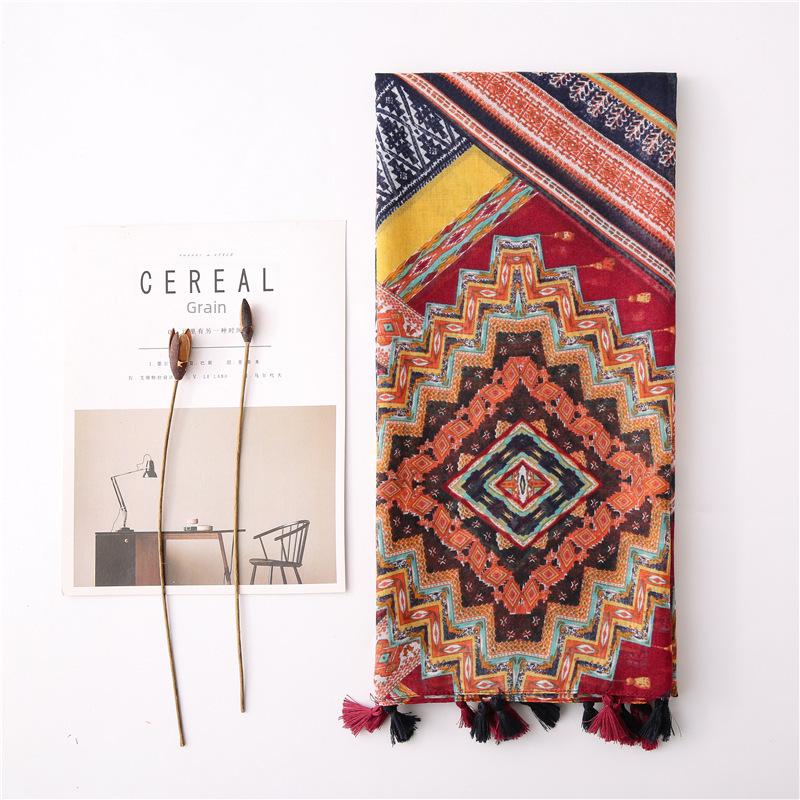 Japanese-Style Cotton & Linen Bohemian Scarf - Cashew Print and Silk Blend, Retro Artistic Design, Sunscreen Towel