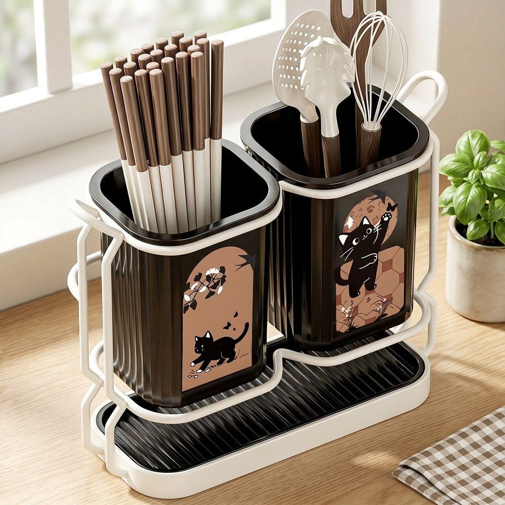 Cute Cat Kitchen Storage Basket Standing Durable Cutlery Holder Organizer No-drill Utensil Drying Rack Household