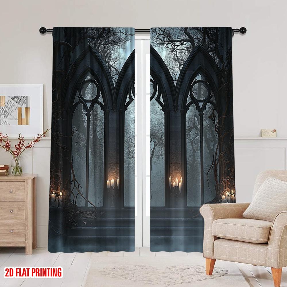 2Pcs 2D flat printingHorror House Curtain Halloween Historical Gate Gothic Curtain Candles View For Bedroom Living Room And