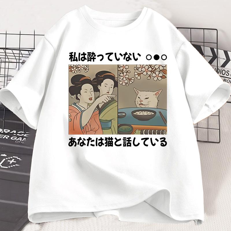 Japanese Style Cartoon Cat T-Shirts Summer Harajuku Kawaii Cat Printed Short Sleeve Tees Harajuku Y2K Tops Vintage Streetwear