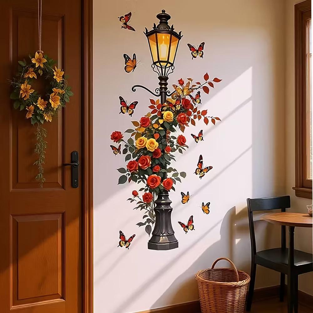 Romantic Red Rose Butterfly Street Lamp Wall Sticker Creative Self Adhesive Waterproof Home Decor
