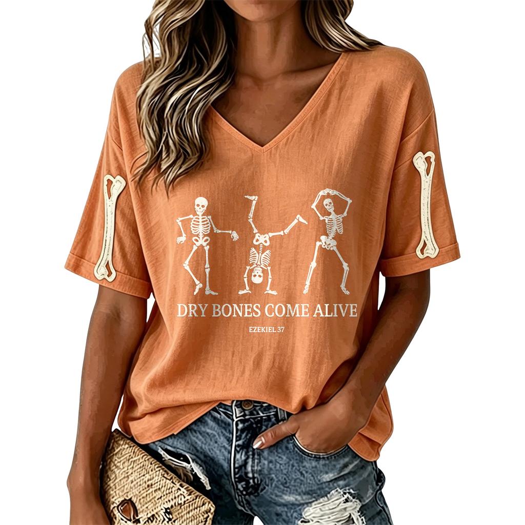 Women's V-Neck Halloween Printed T-Shirt Short Sleeve Casual Top for Holiday Festive Occasions