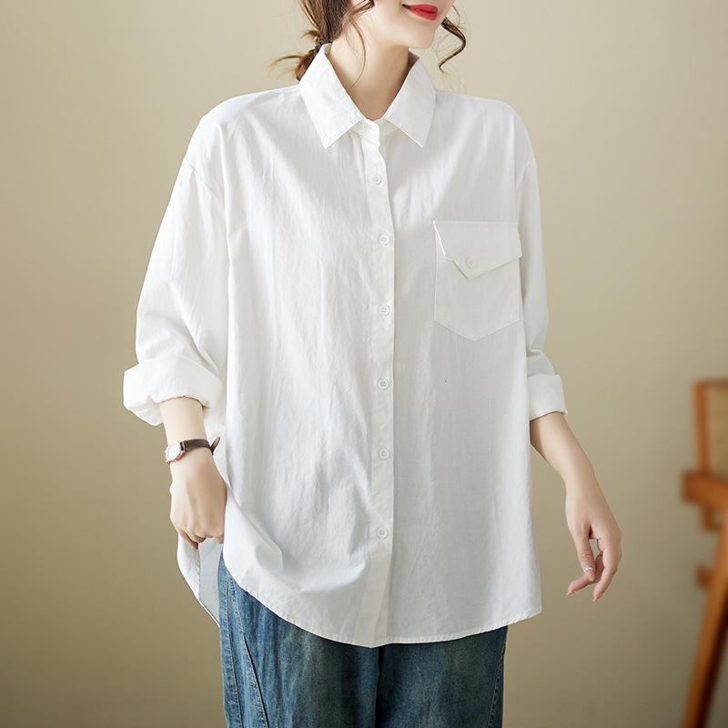 Long Sleeve Art Retro Washed Large Size Loose Blouses Skinny Lapel Collar Single Breasted Shirt Chest Pocket Top for Women