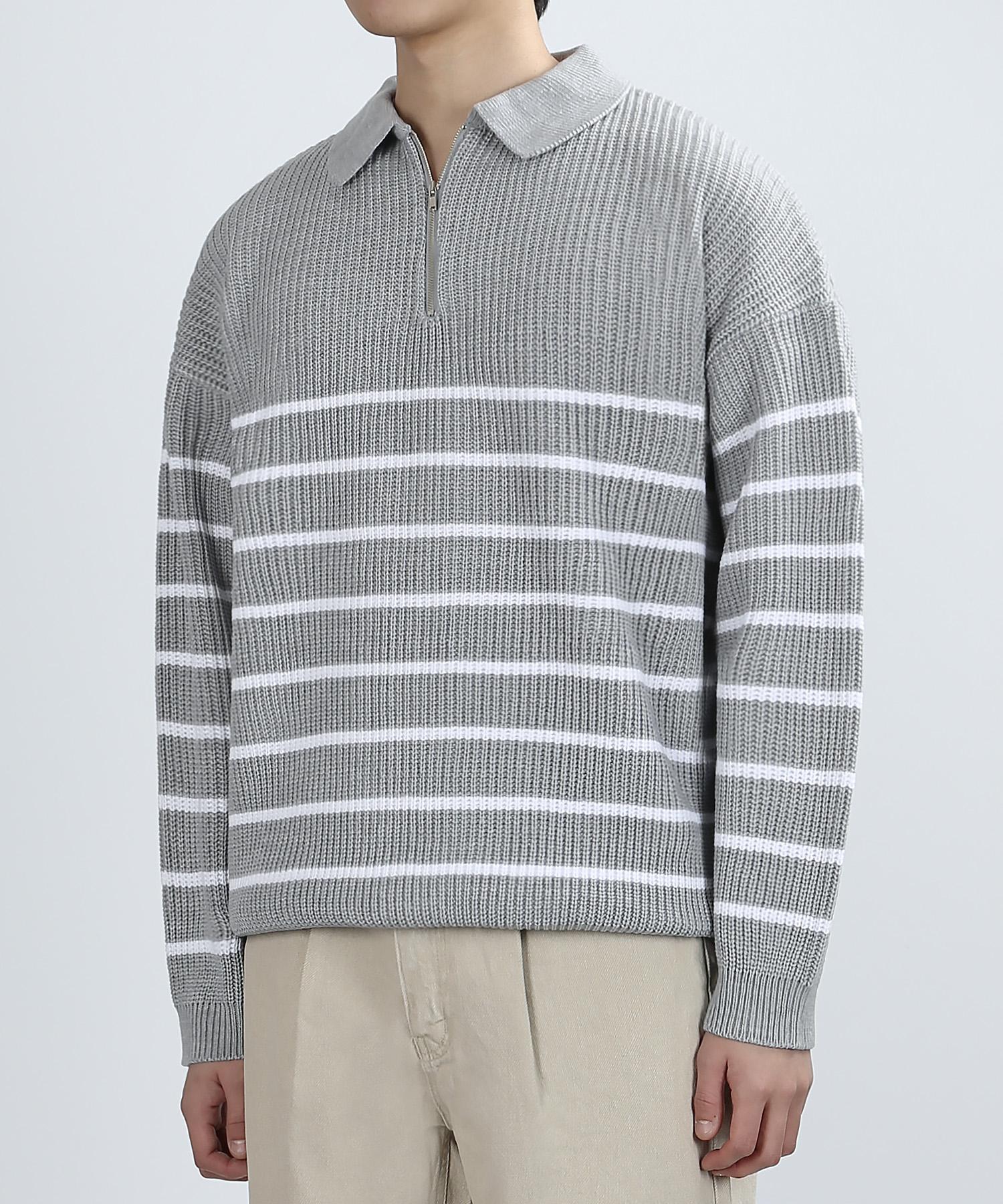 Berry Vein Half Stripe Collor Knit (Gray) One Size