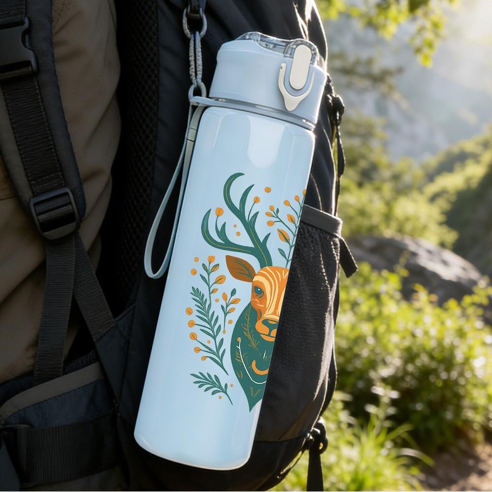 1PC Folk Style Deer Head Art 750ml Color Plastic Sports Water Bottle Leakproof Flip Straw Lid Suitable for Sports Office Home Use