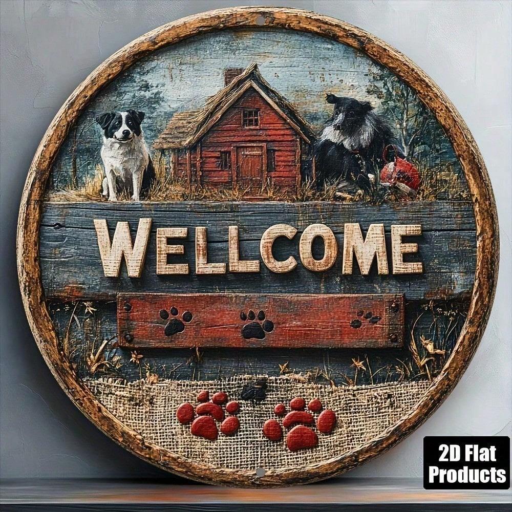 Country Style Welcome Sign Metal Plaque Dog Paw Prints Round Wall Art For Home Bar Kitchen Decor 8x8 Inch