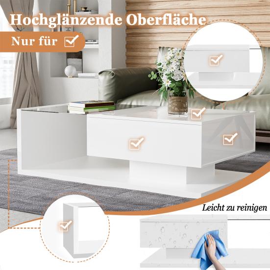Couchtisch Hochglanz Glas Mitteltisch mit Schublade Öffnungsregal Einfache Montage Rechteckform LED Teetisch Zuhause
