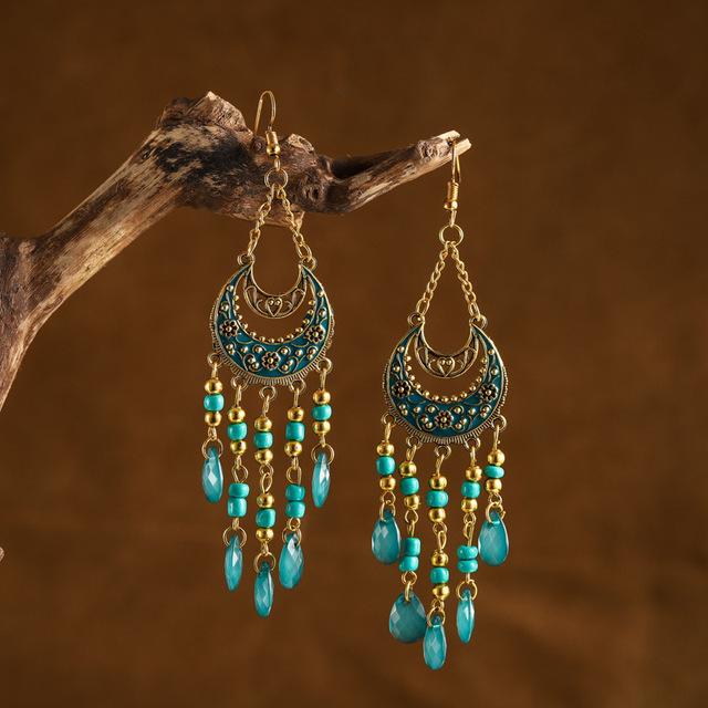 Ethnic Long Acrylic Water Drop Earrings for Women Retro Boho Gold Color Hollow Tassel Earrings Bijoux Femme Accessories