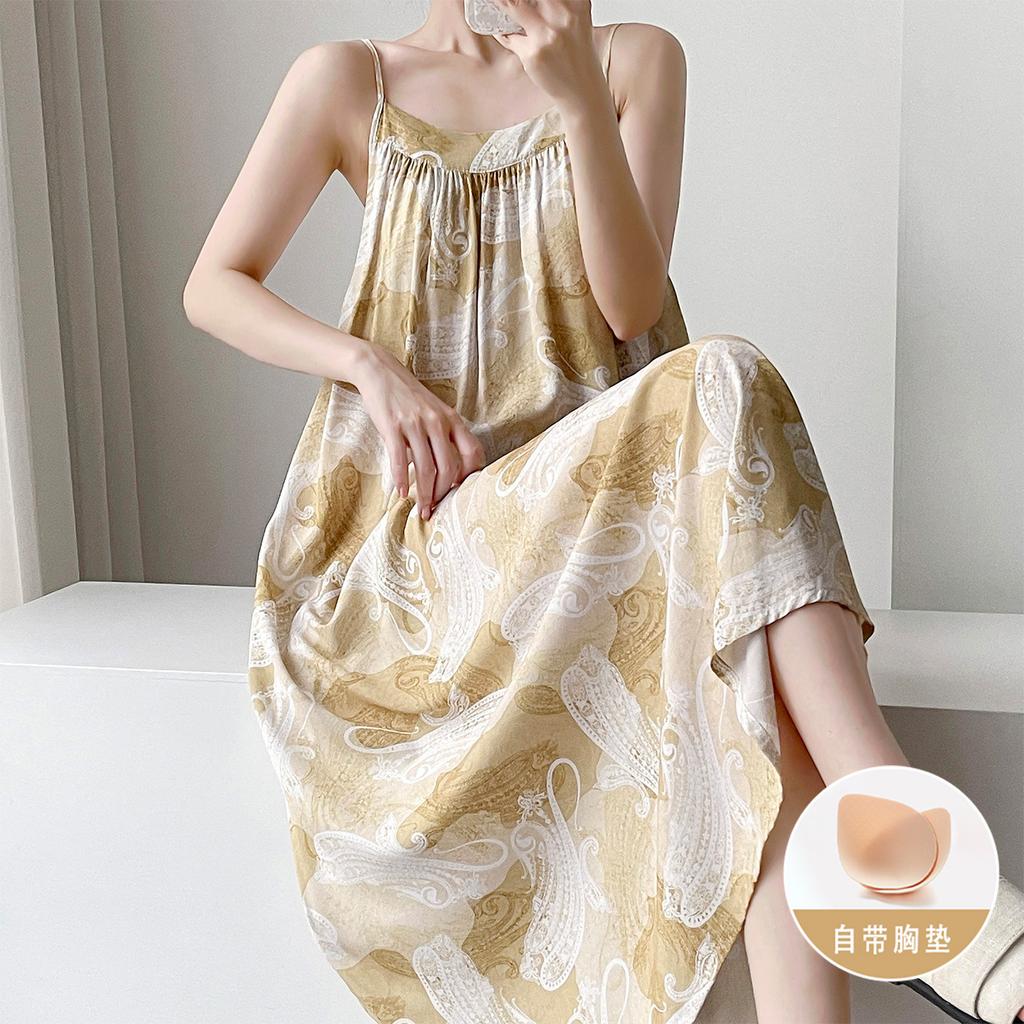 Summer cotton and silk suspender nightgown women's sleeveless chest pad can be worn outside loungewear anti-bumping artificial cotton dress