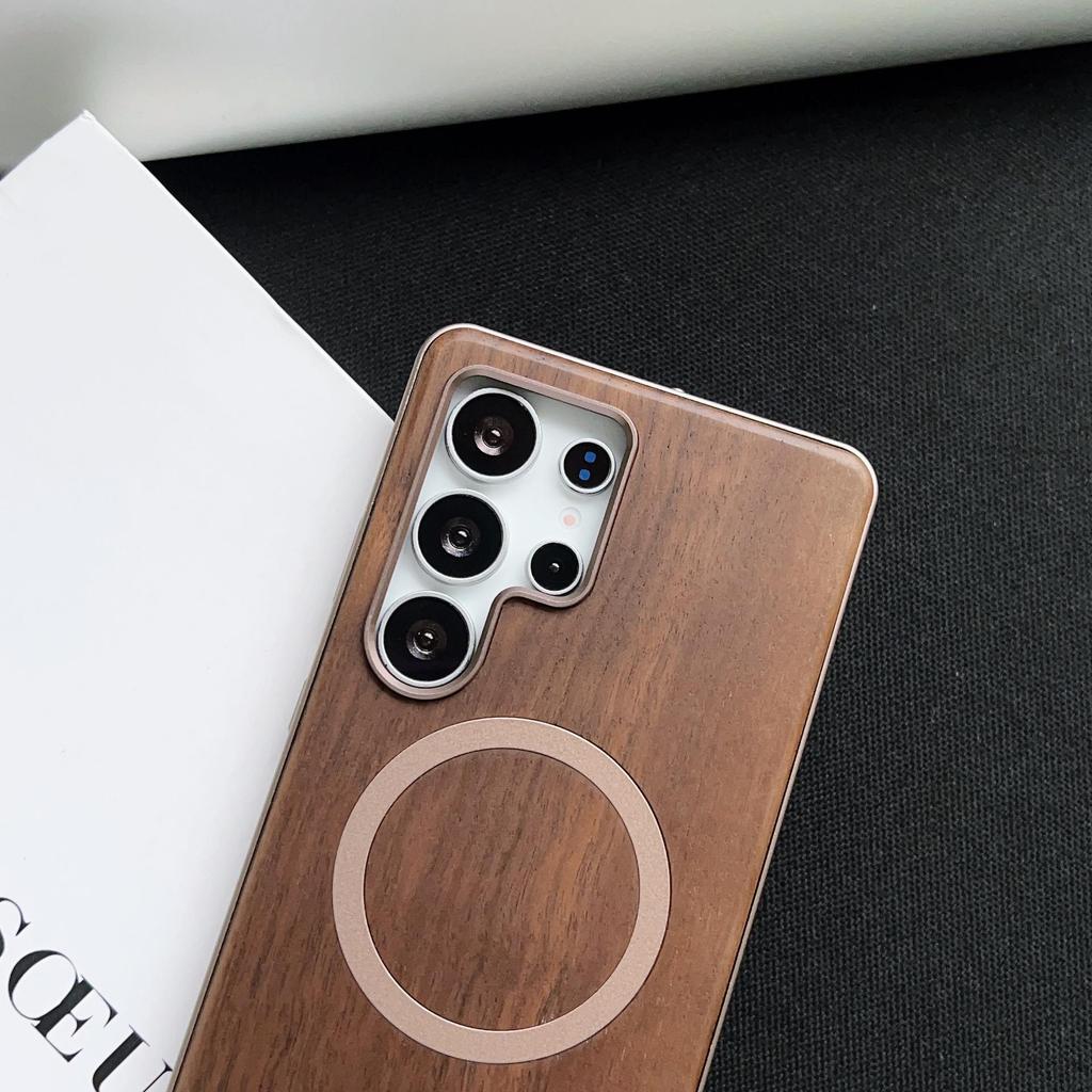 Samsung S25 Ultra Magnetic Walnut Case: Snap-on Metal Frame, Protective Cover for S23/S24