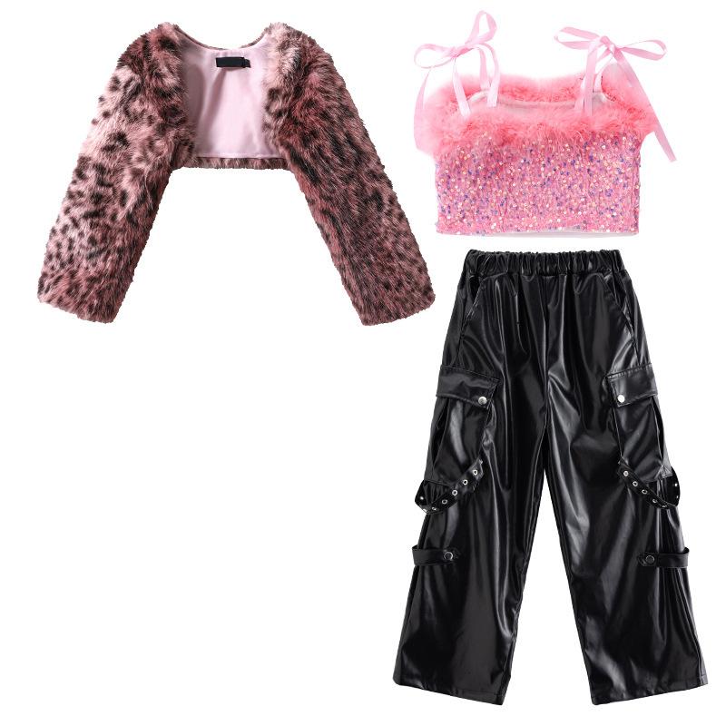 Dziewczęcy kostium do tańca jazzowego, jazz, cekiny, panterka, puszysta kurtka z długim rękawem i spodnie, kostium dla dzieci na street dance, pokaz mody