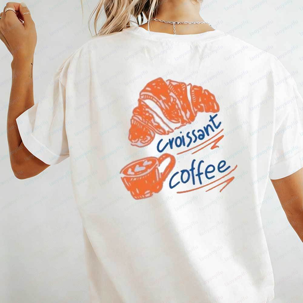 Womens Casual TShirt Croissant Coffee Print Short Sleeve Cute Food Graphic Cotton Tops Fit Streetwear Blouse for Daily Wear