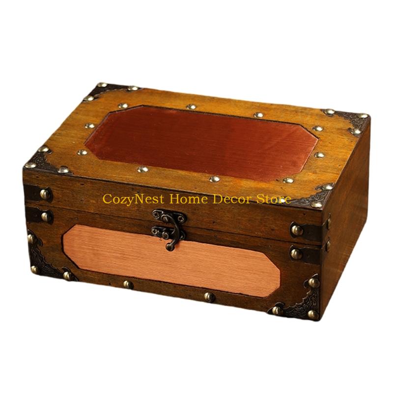 

92MF Locking Antique Wooden Jewelry Storage Box for Home Office Decoration Wood Chest Keepsakes Holder with Lock Mechanism