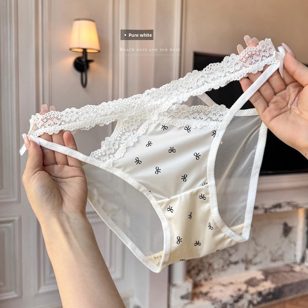 Lady Spring and Summer Sexy Leopard Print Mesh Lace Bow Satin Hollow Cross Thin Belt Briefs