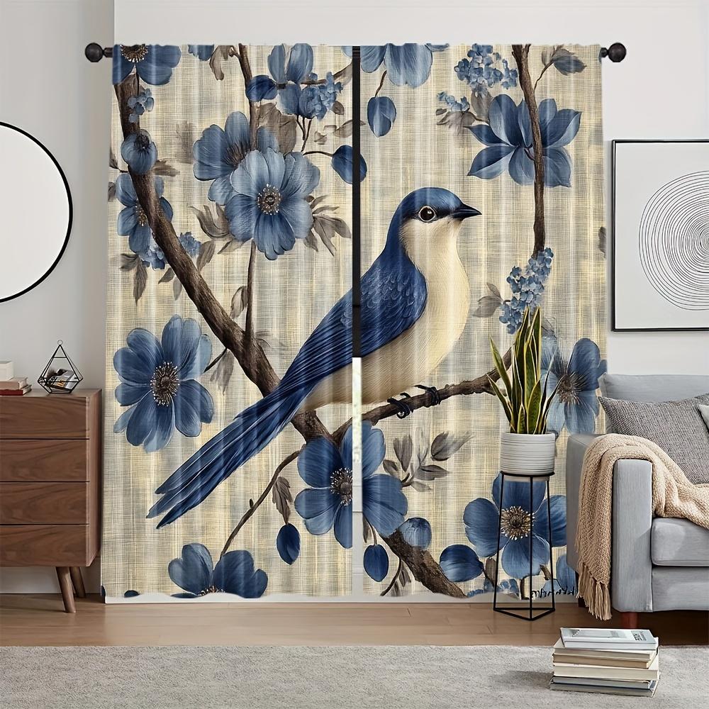 2PCS Digital Printed Curtains with Blue Flower Bird Design, Stylish Window Drapes for Living Room Bedroom Home Decoration