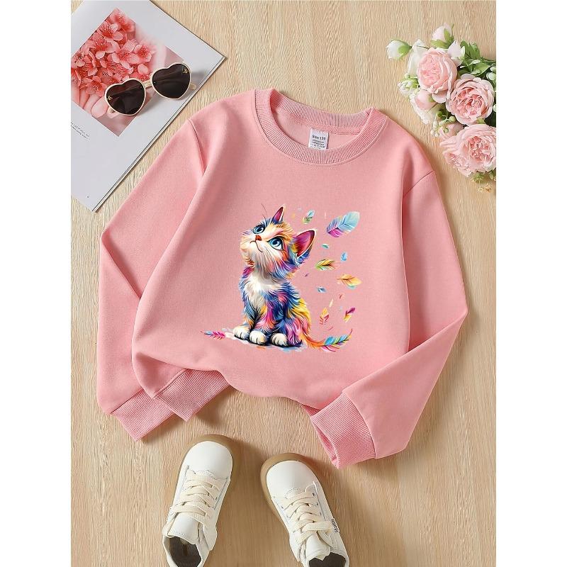 European sizes Kids' Crewneck Sweatshirt - Colorful Feathers Rainbow Cat Art Print , Sportswear And Casual Wear, Soft And Comfortable, Clothing