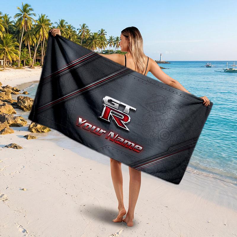 Nissan GT-R Customized Name Text Beach Towel, Soft Absorbent Towel Beach Pool Travel Personal Gift
