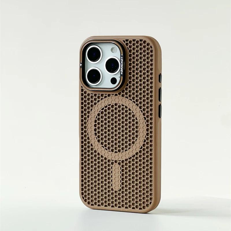 Honeycomb Grid Mesh Cooling for Magsafe Case for 16 17 Pro Max 15 14 13 12 11 Alloy Lens Bracket Wireless Charging Cover