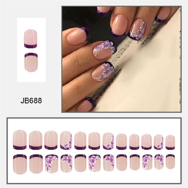 24 Pcs Short Square Acrylic Nail Flowers Full Cover Stick On Nail French Tip Press On Nail Simple False Nail