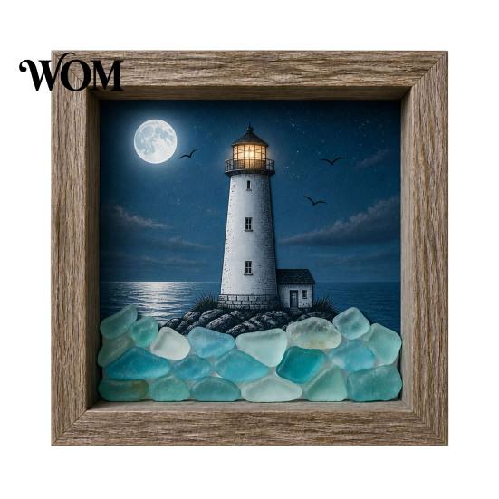 Decorative Picture Frame Sea Glass Art Painting with LED Light, DIY Mosaic Arts and Craft Kit, Light Ocean Themed Beach Kit for Home Office Bookshelf
