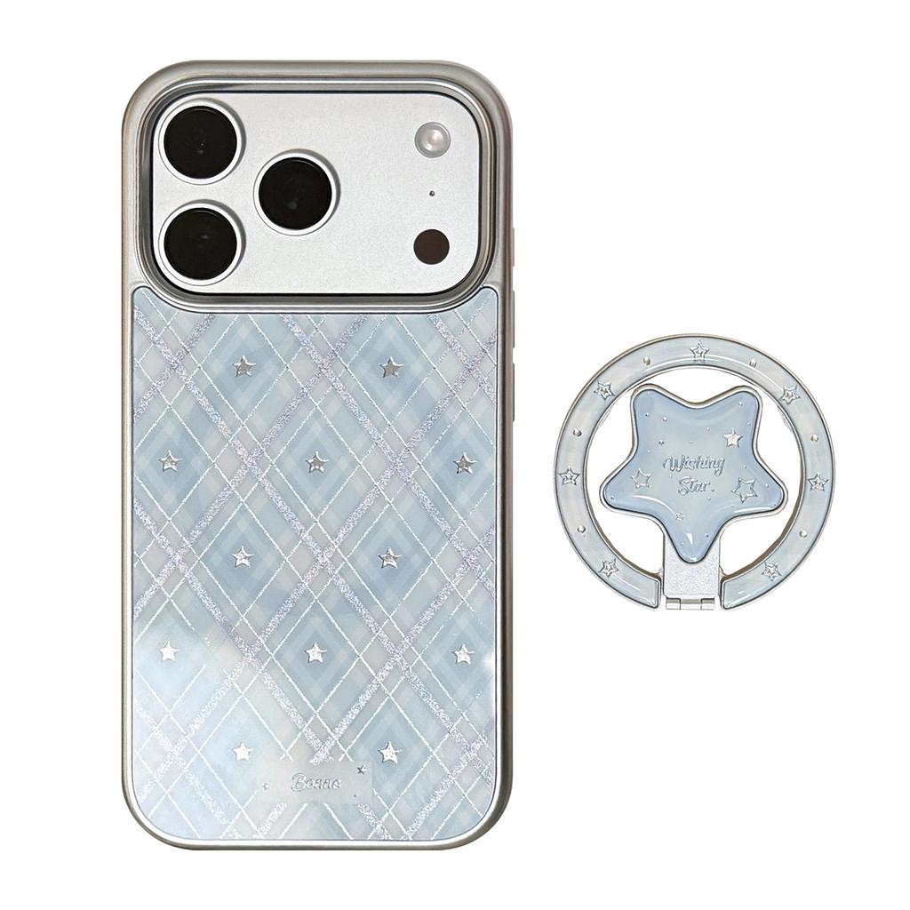 Korean-style blue case for Apple 17pm, 15 magnetic stand, iPhone 16 gold-plated grid pattern stars, 14 electroplated