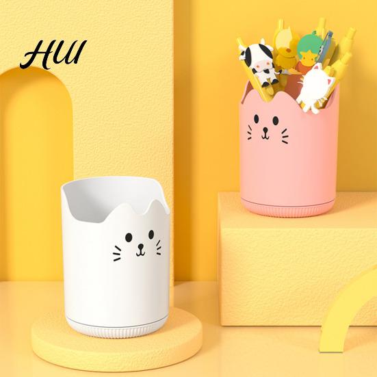 Large Capacity Pen Organizer Holder 360 Degree Rotating Cat Pattern Transparent Stand Design Stationery Desk Accessory