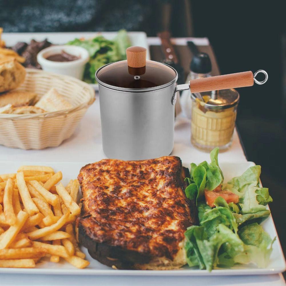 Heat Resistant Deep Fryer with Strainer Wood Handle Stainless Steel Frying Pan  Household Cooking