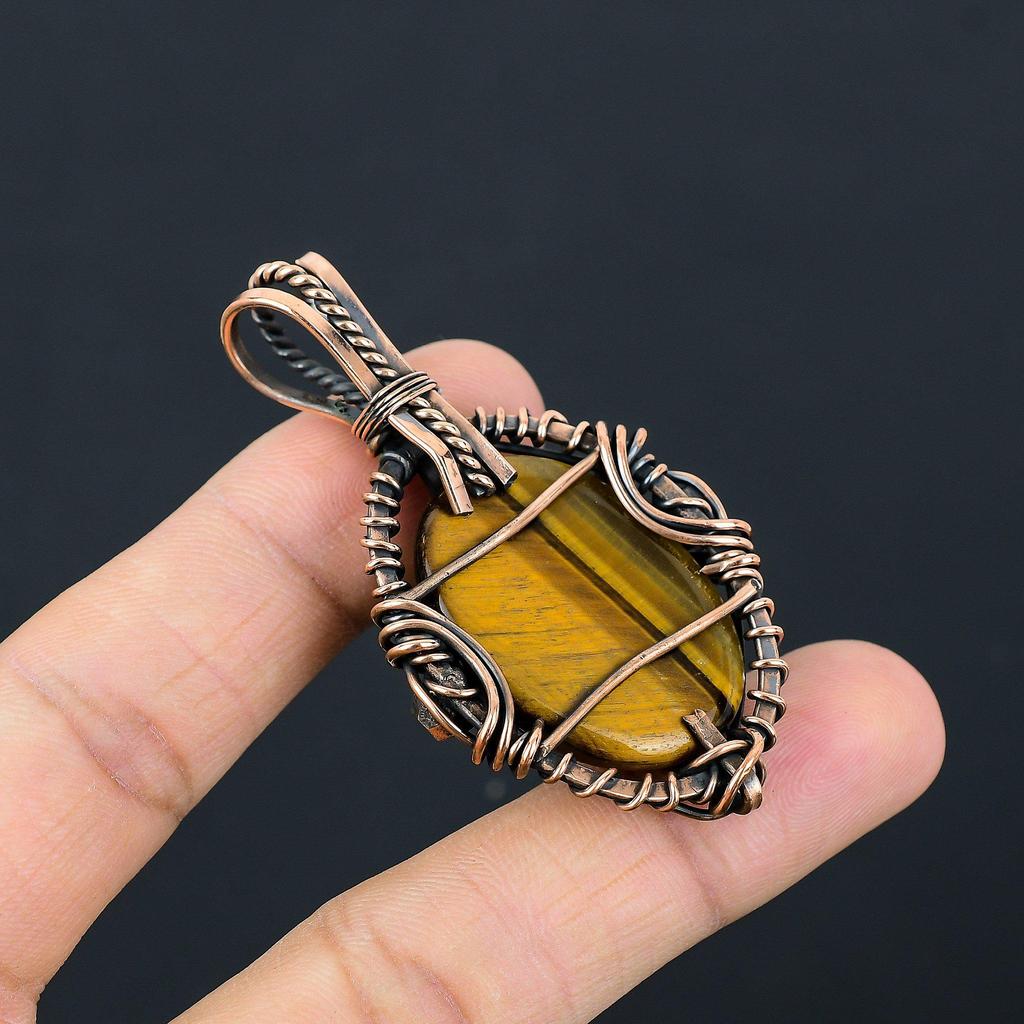 Tiger Eye Pendant, Handmade Gemstone 999 Copper Wire Wrapped Pendant Antique Jewelry, For Gift Silver Jewelry