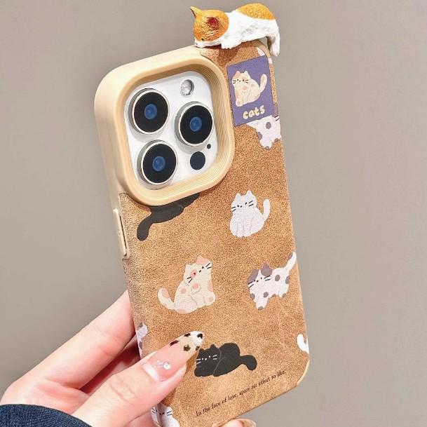 3D Kožený obal na iPhone s kočkou: Kompatibilní s iPhone 13, 14, 15 Pro, 16 Pro Max pro podzim a zimu