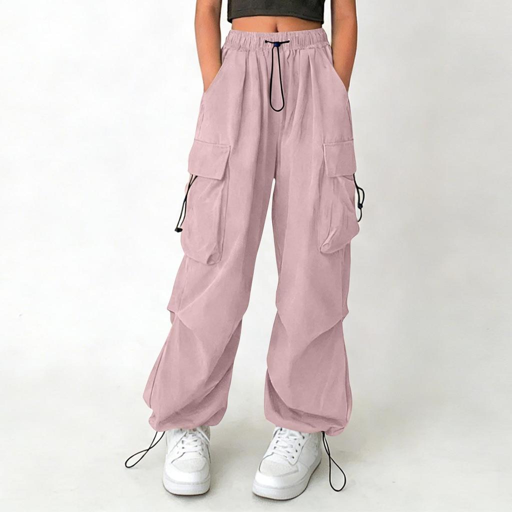 Women's Drawstring Waist Cargo Pants Loose Fit Multi Pocket Trousers with Adjustable Hem for Casual Daily Wear