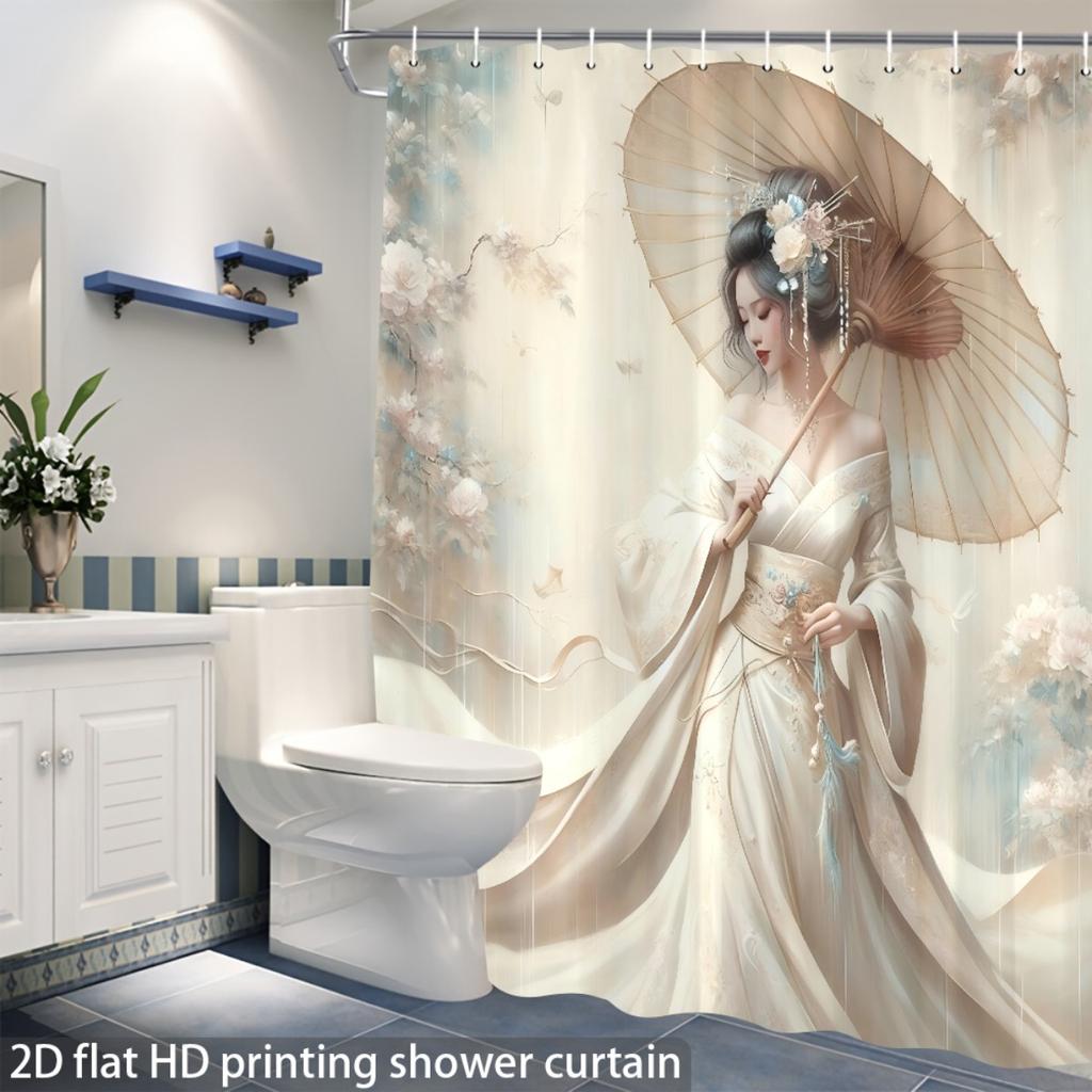 Chinese Geisha Art Shower Curtain Elegant Woman With Umbrella Traditional Asian Style Bath Decor Hd Printed Waterproof Bathroom