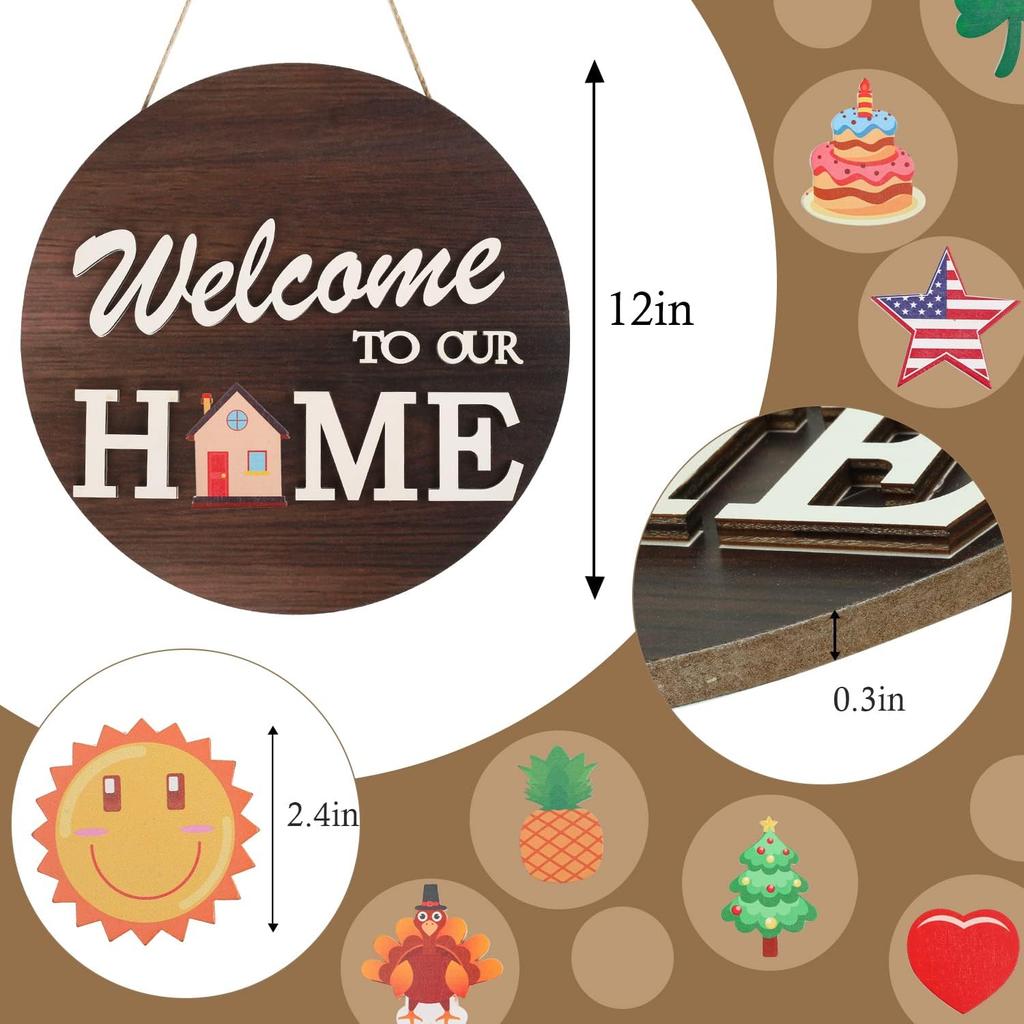 Interchangeable Welcome Sign for Front Door with 4 Seasonal Wreaths and 14 Changeable Icons, Farmhouse Front Door Signs, Door Decoration Porch Decor,