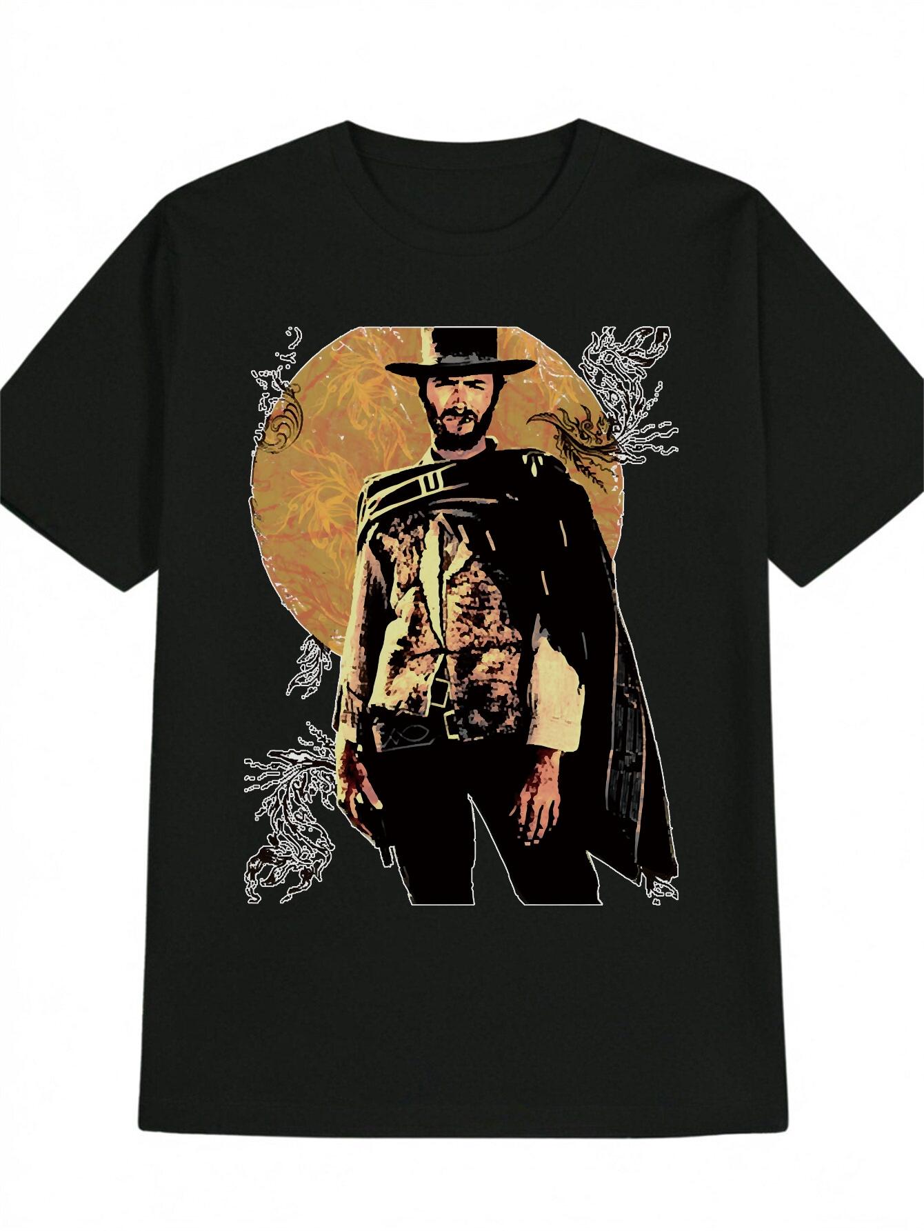 Casual Black T-shirt with Western Cowboy Print - Round Neck L