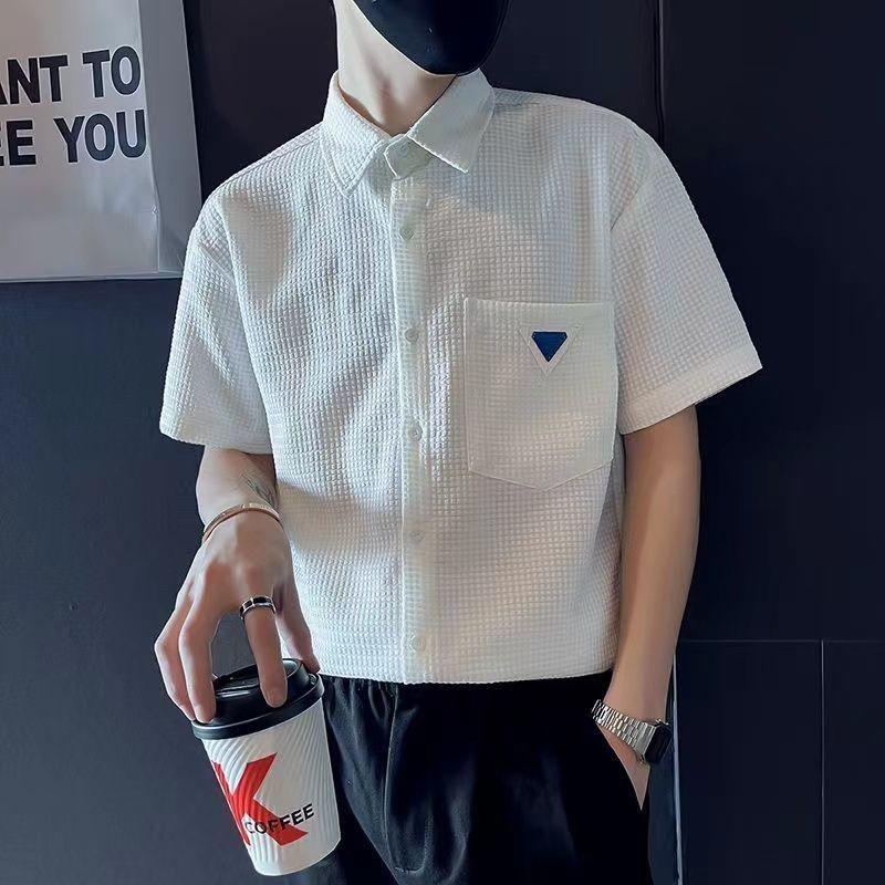 Men's Clothing Solid Color Shirts Stylish Textured Waffle Summer Casual Pockets Spliced All-match Lapel Single-breasted Shirts