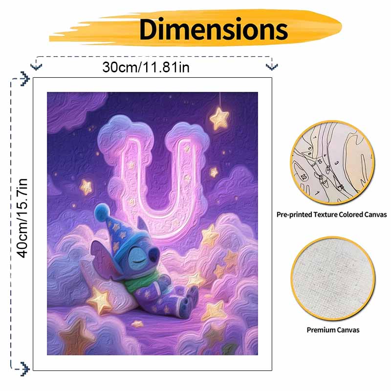 Disney Sleeping Stitch Letter U oil painting art painting kit, handmade diy art painting home wall decoration, cute starry night decor